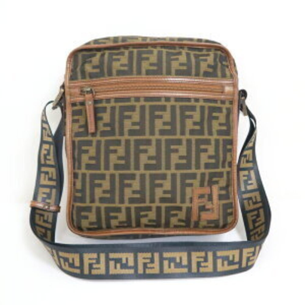 FENDI Zucca Shoulder Bag Khaki Green Brown Nylon Leather